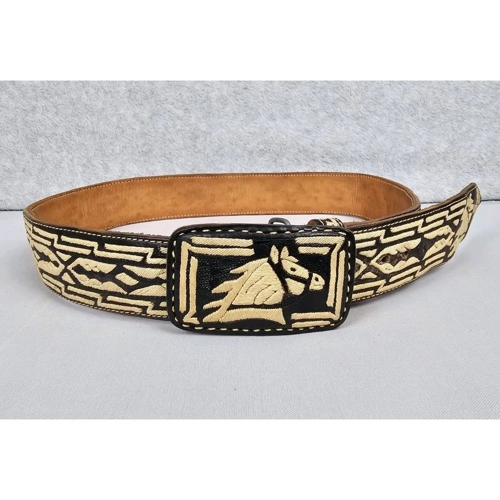 Mexican Cinto Piteado Belt Horse Black Sz 36 Leather Embroidery